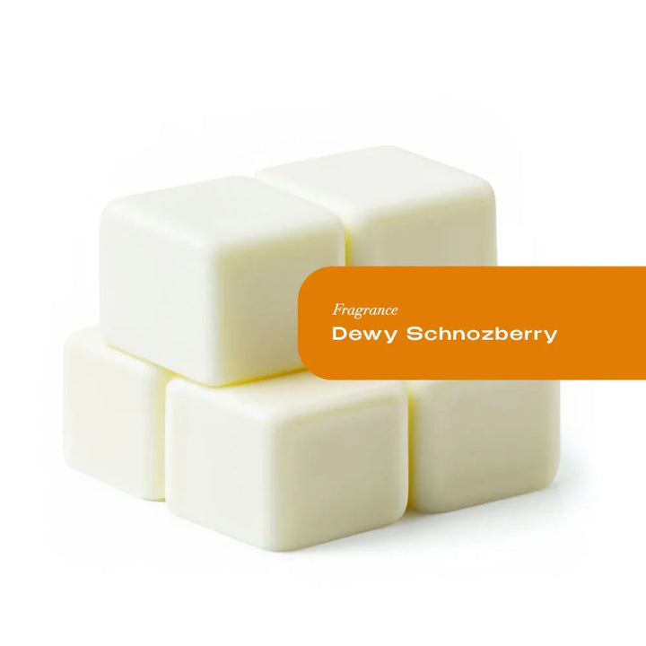 Six dewy schnozberry wax melt tarts arranged on a rustic wood surface