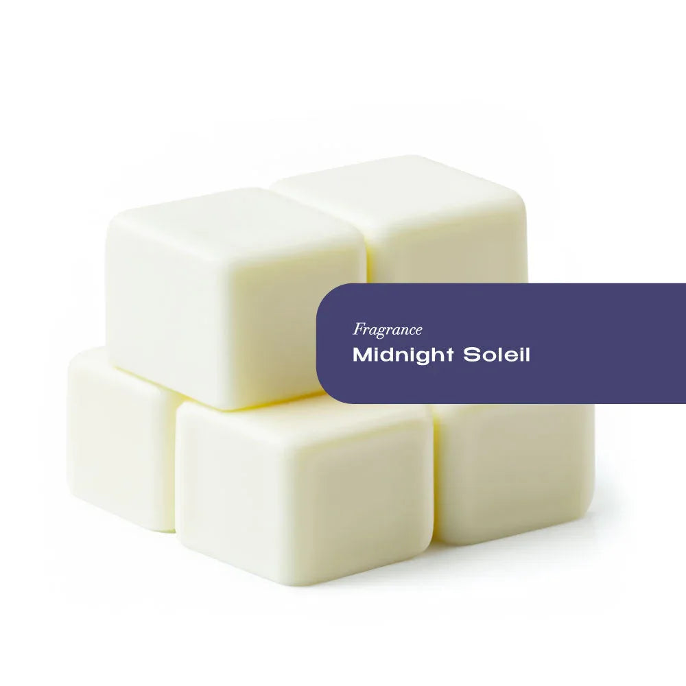 Six natural coconut wax melt tarts in clear plastic-free container on dark background.