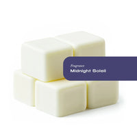 Six natural coconut wax melt tarts in clear plastic-free container on dark background.