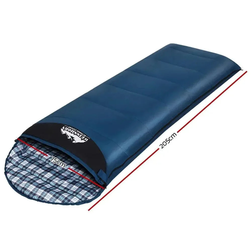 Fully unzipped Weisshorn sleeping bag laid flat to show interior light blue lining and black outer shell.