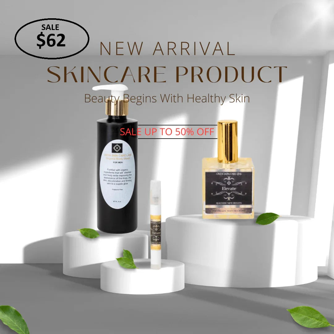 Minimalist skincare product display highlighting new arrival for men's organic body wash bundle from TrustyMall