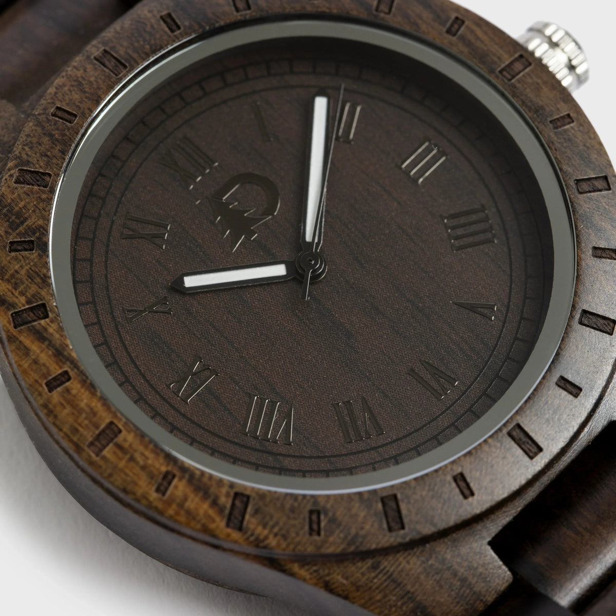 Side view of men's wood watch showcasing wooden case and stainless steel buckle on black leather strap.