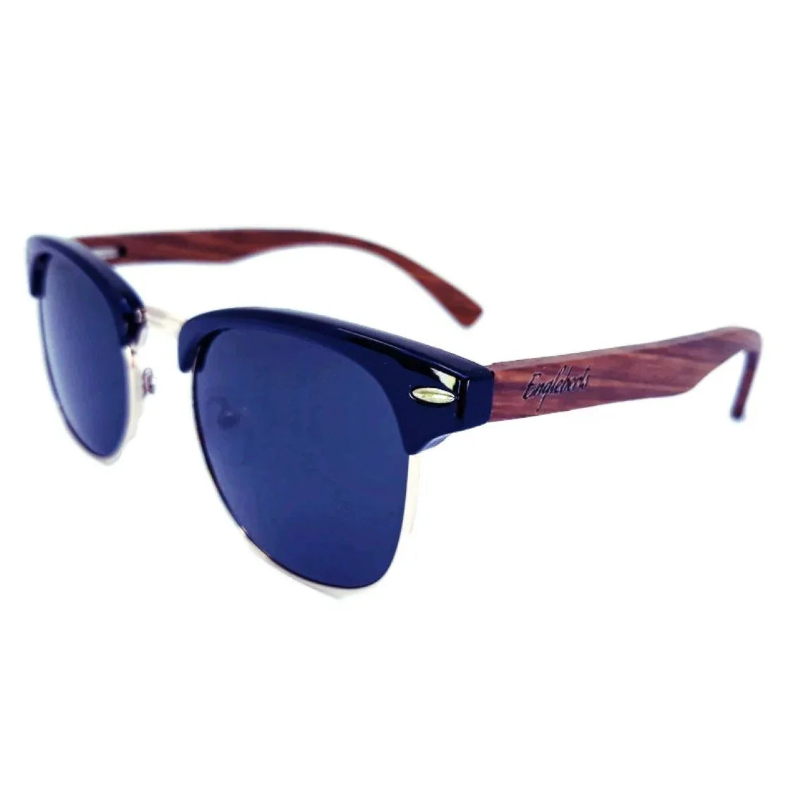 Front view of walnut wood club style sunglasses showing polished frame and dark polarized lenses.