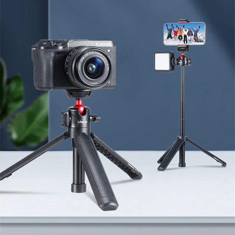 Extendable tripod phone selfie stick set against a white background.