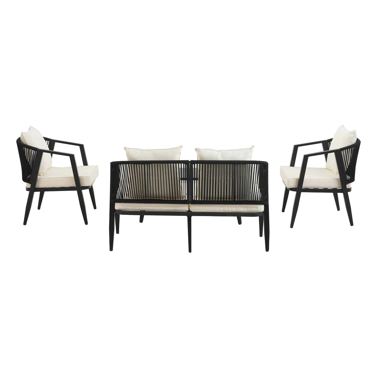 Side view of durable iron-framed outdoor chairs with beige cushions arranged around a square table.
