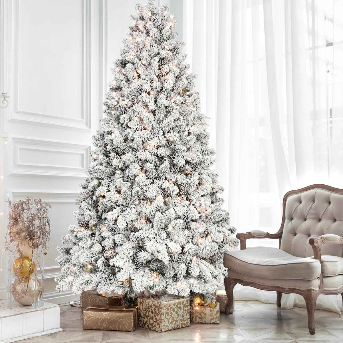 6FT Snow-Flocked Artificial Christmas Tree with Pine Cones, Prelit