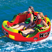 Blue and yellow WOW Watersports Go Bot towable water tube with seating for one or two riders.