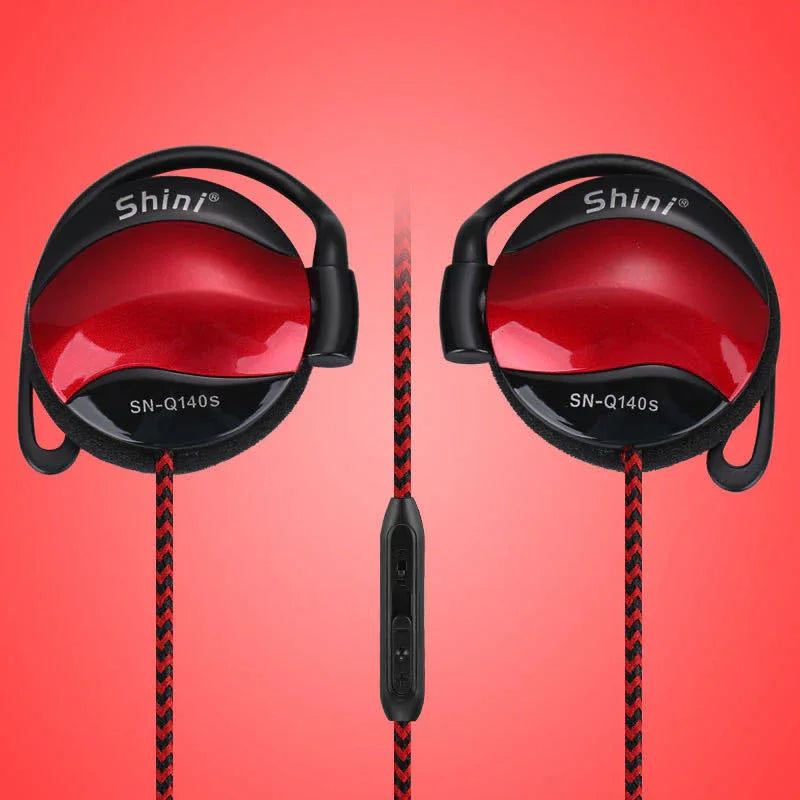 Black ear hook headphones shown from multiple angles with microphone and plug visible.