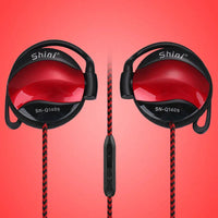 Black ear hook headphones with attached microphone and 3.5mm plug on white background.
