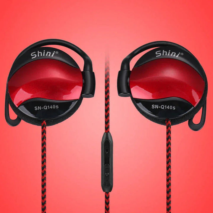 Black ear hook headphones with attached microphone and 3.5mm plug on white background.
