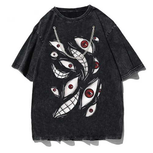 Harajuku Anime Eyes Graphic Washed T-Shirt Men Streetwear Cotton Tee