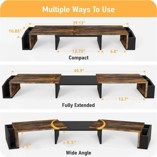 Desk Dual Monitor Stand Riser With Drawer Rustic Brown