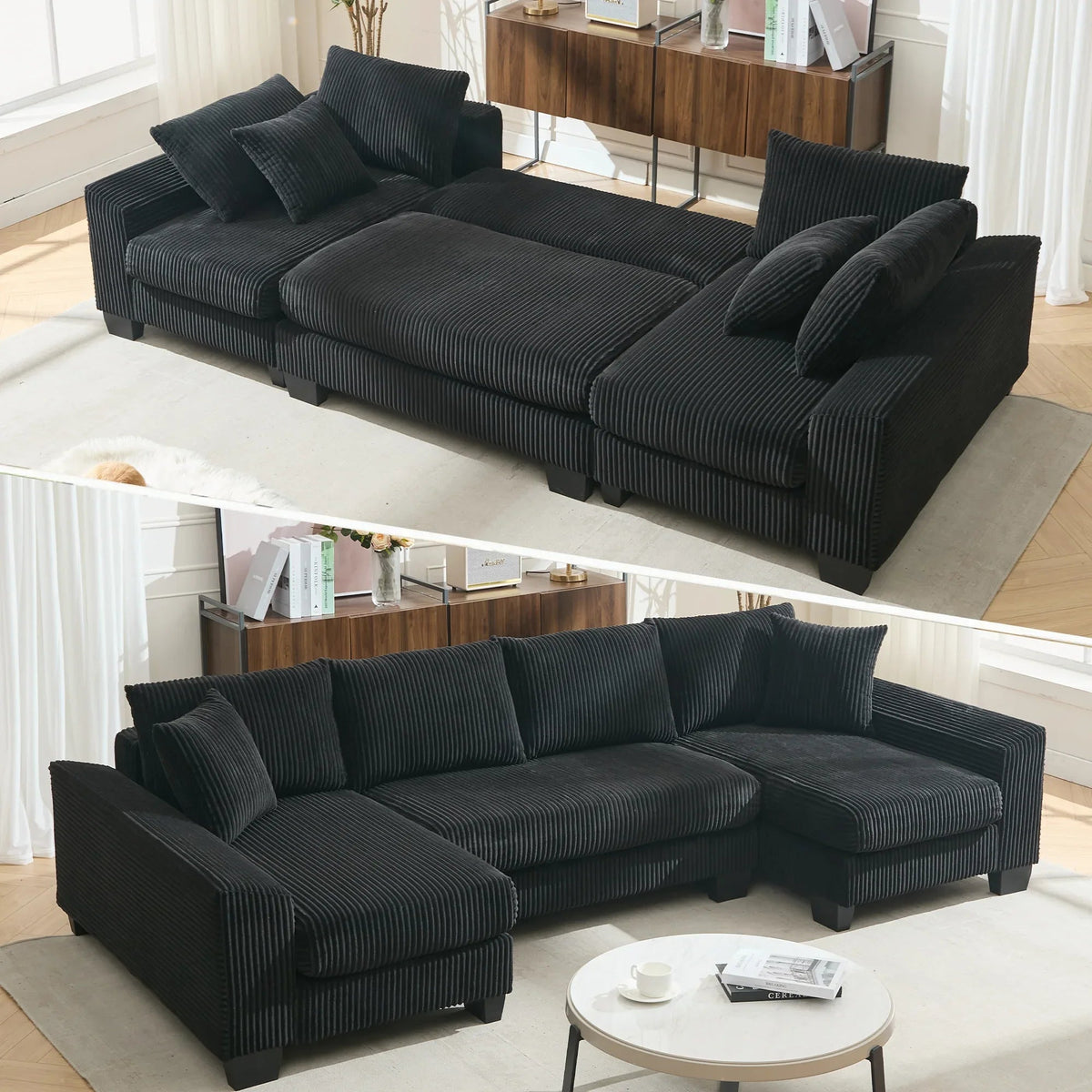 Diagram showing dimensions and layout of 114-inch U-shaped sleeper sofa with pull-out bed.