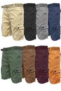 Model wearing men's khaki belted cargo shorts with pockets, standing outdoors.