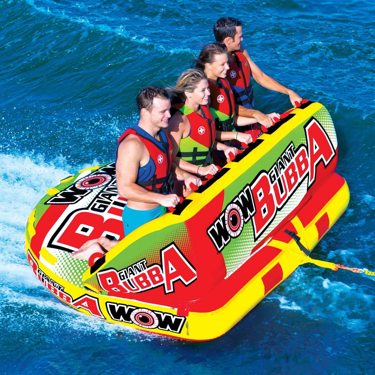 Brightly colored Bubba towable with inflated chambers and secure seating for water sports.