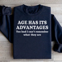 Black sweatshirt showing front and side view with white and orange "Age Has Its Advantages" text.