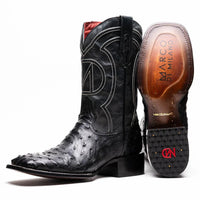 Black ostrich skin cowboy boot with square toe, side view on white background.