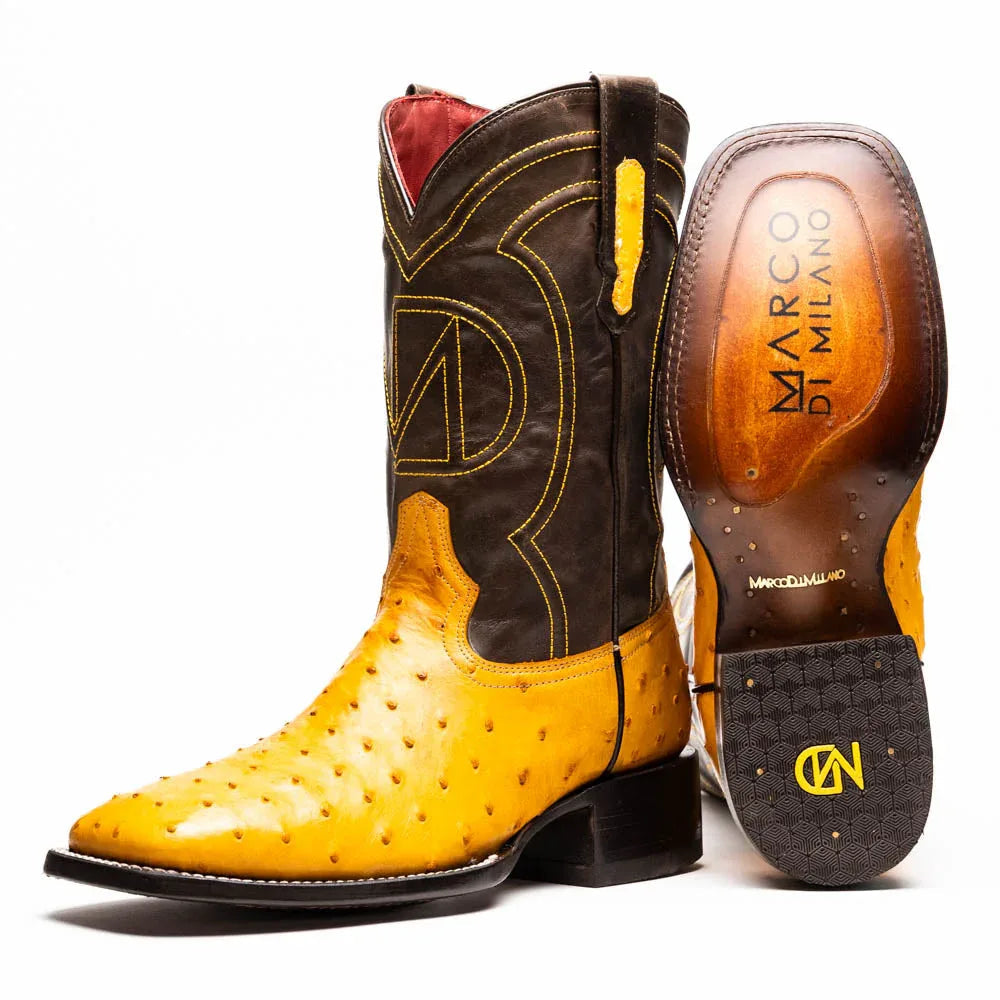 Close-up of Alabama Buttercup ostrich skin cowboy boot with square toe and textured leather.