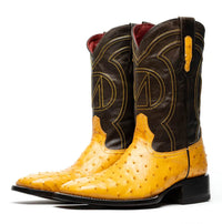 Pair of Alabama Buttercup ostrich skin boots displayed on light neutral background.