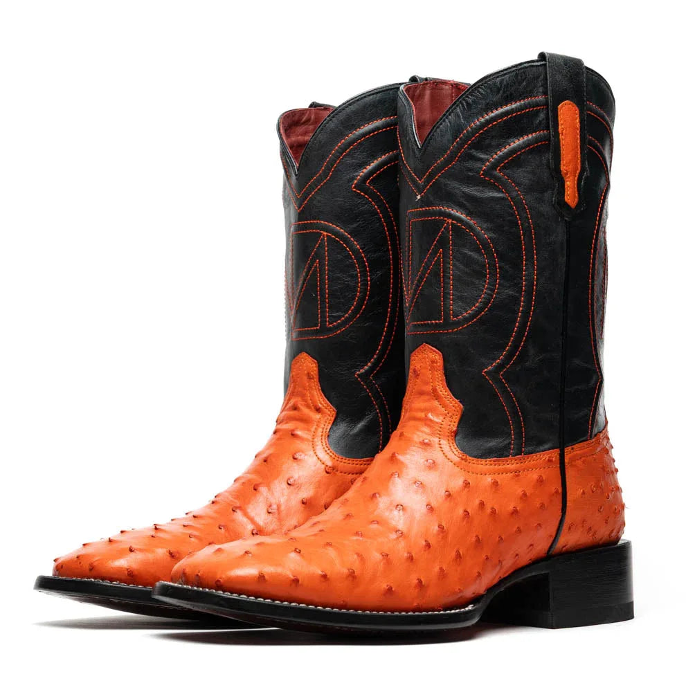 Close-up of ostrich quill leather on vamp and distinct square toe of Alabama cowboy boot.