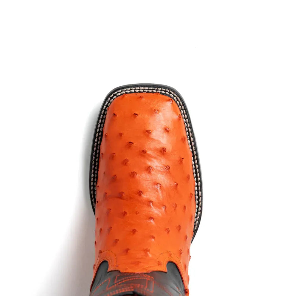 Detail of red leather interior lining peeking from Alabama ostrich skin cowboy boot.