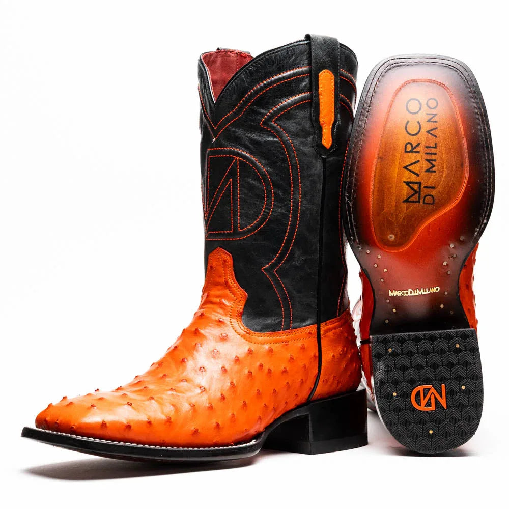 Front view of Alabama orange ostrich skin cowboy boot with square toe and black leather shaft.
