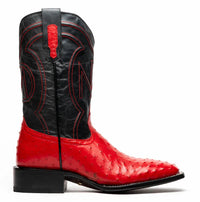 Isolated Alabama Red ostrich cowboy boot with square toe on white background.