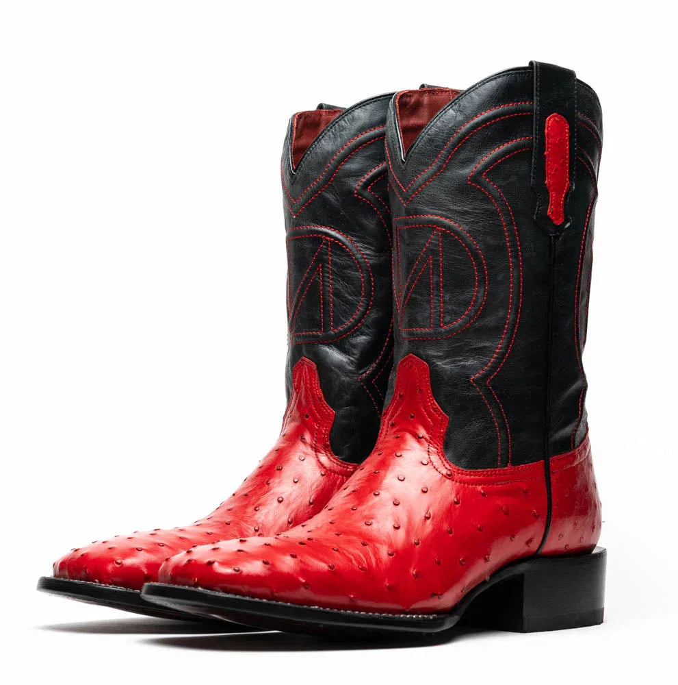 Profile view of Alabama Red boot highlighting the full-grain leather shaft and ostrich vamp.
