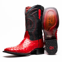 Close-up of Alabama Red cowboy boot showing ostrich skin texture and square toe.