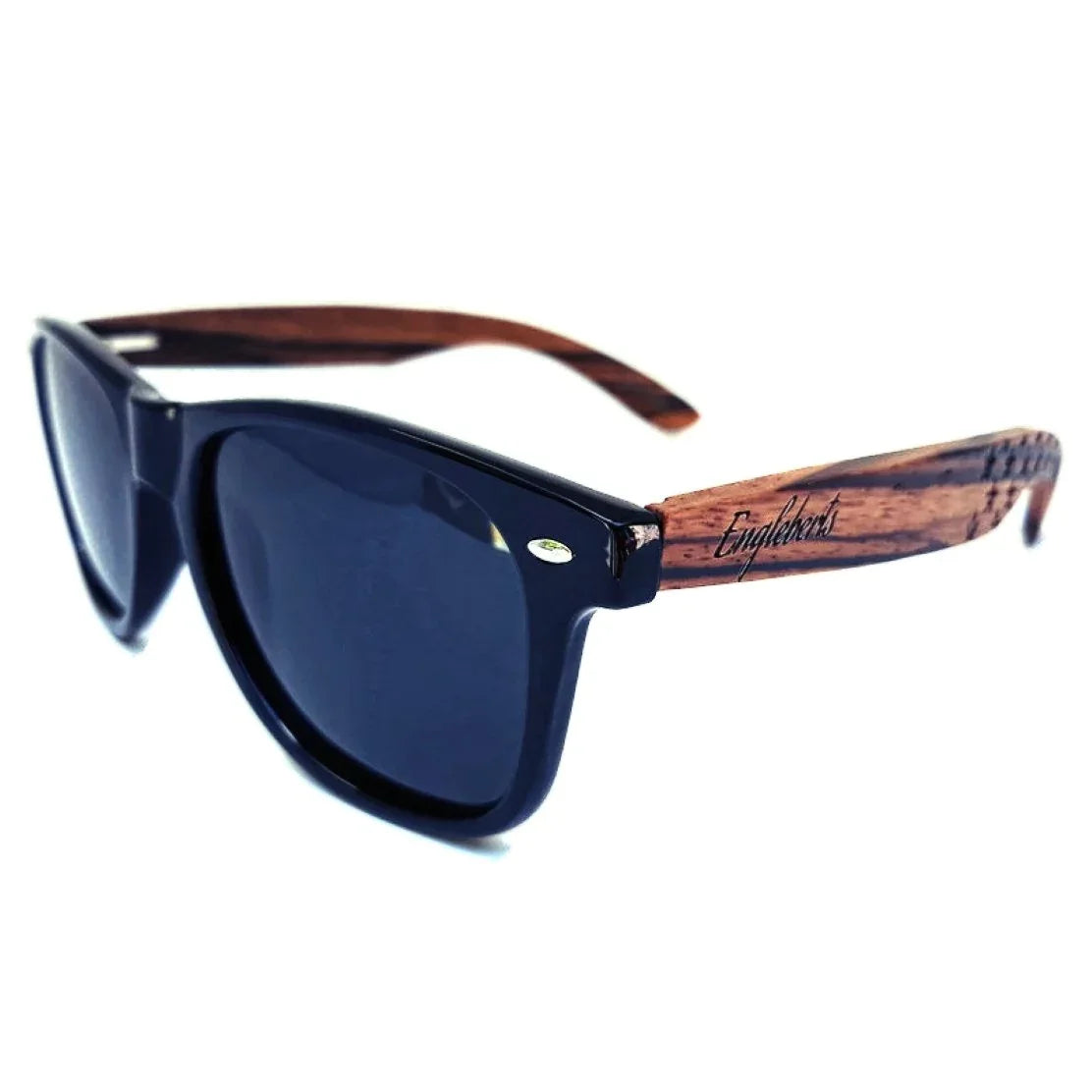 Diagonal corner perspective of Zebrawood sunglasses highlighting frame texture and design