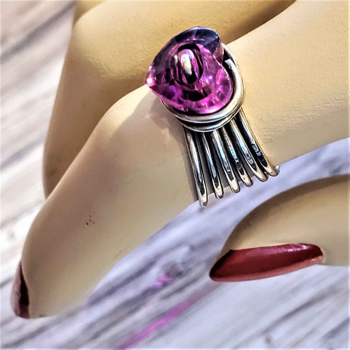 Handmade Wire Wrapped Pink Heart Crystal Six Rings in One Stack