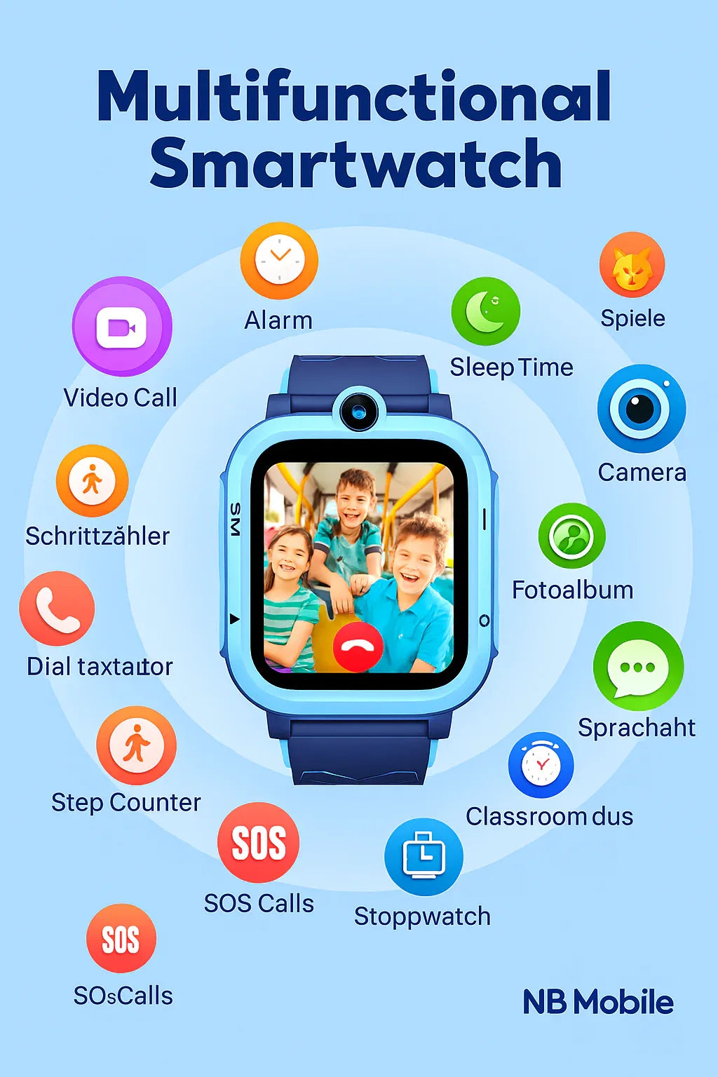 Display showing home screen of kids smartwatch with multiple app icons and time.