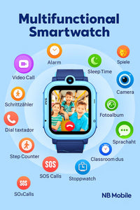 Display showing home screen of kids smartwatch with multiple app icons and time.