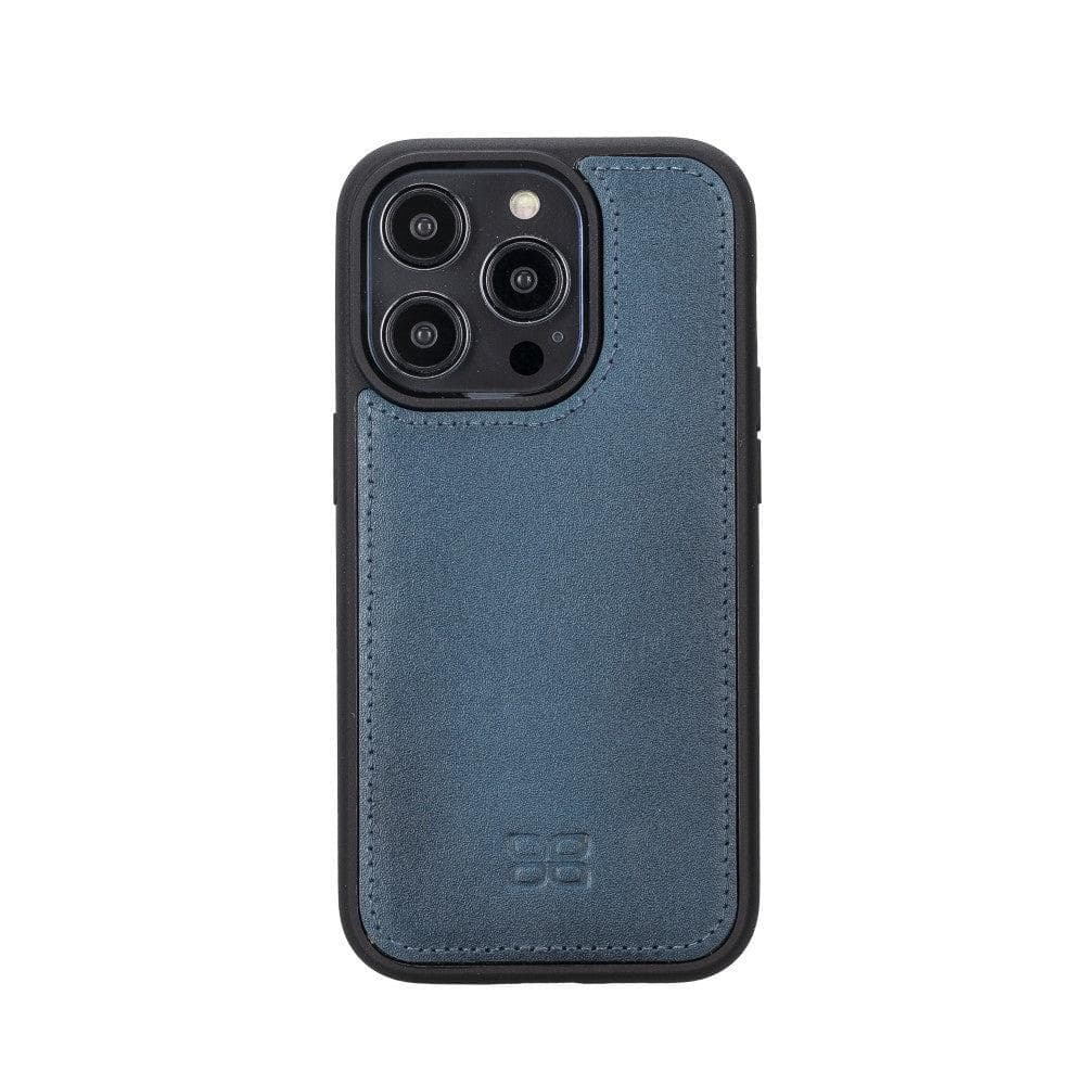 Close-up of RFID-protected leather wallet case for iPhone 14 series featuring card slots and MagSafe compatibility.