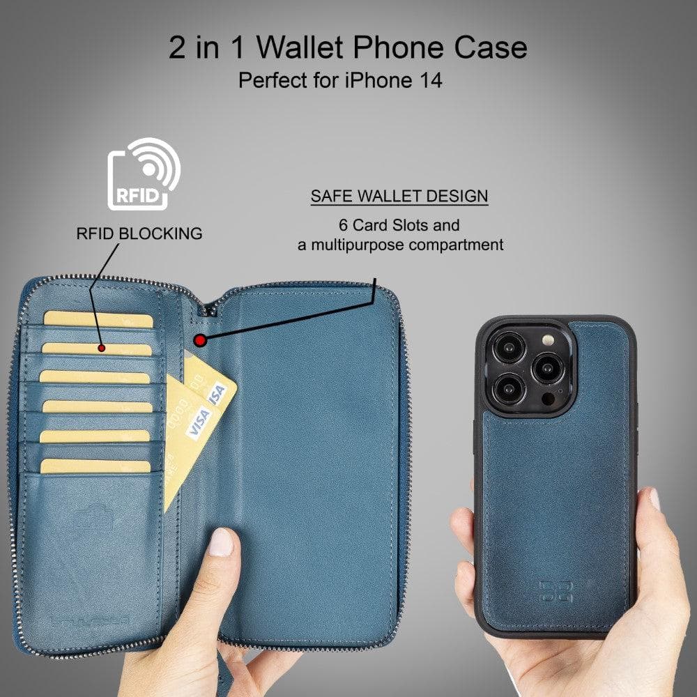Hand holding black leather wallet case designed for Apple iPhone 14, showing card slots and zipper pouch.