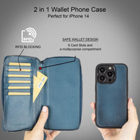 Hand holding black leather wallet case designed for Apple iPhone 14, showing card slots and zipper pouch.