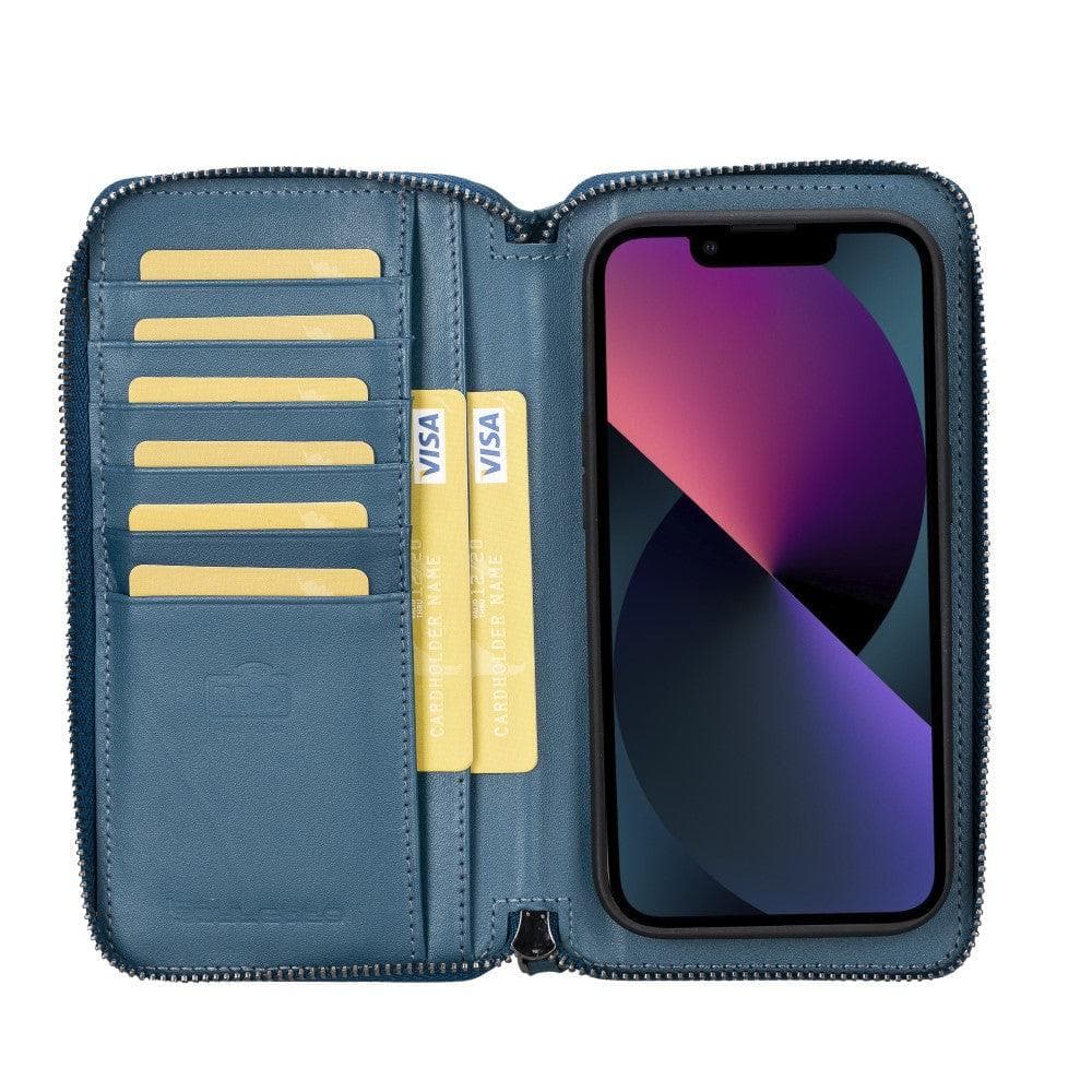Top view of black detachable leather wallet case for iPhone 14 series with multiple compartments open.