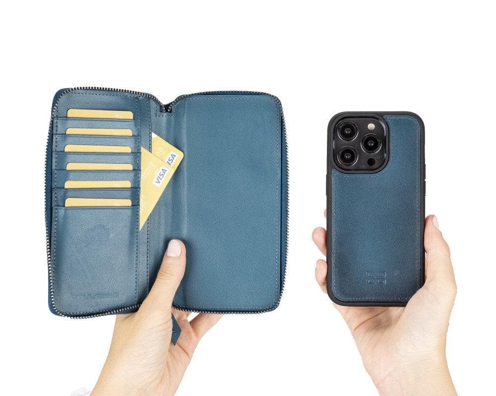 Leisure desk setup with black iPhone 14 leather wallet case, keys, and casual accessories beside laptop.