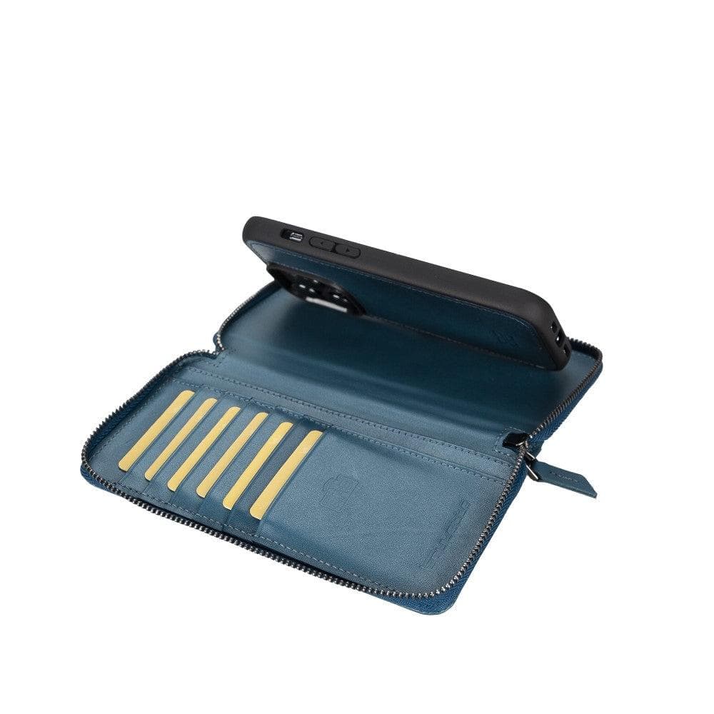 Black detachable leather wallet phone case propped as kick-stand for hands-free video viewing.