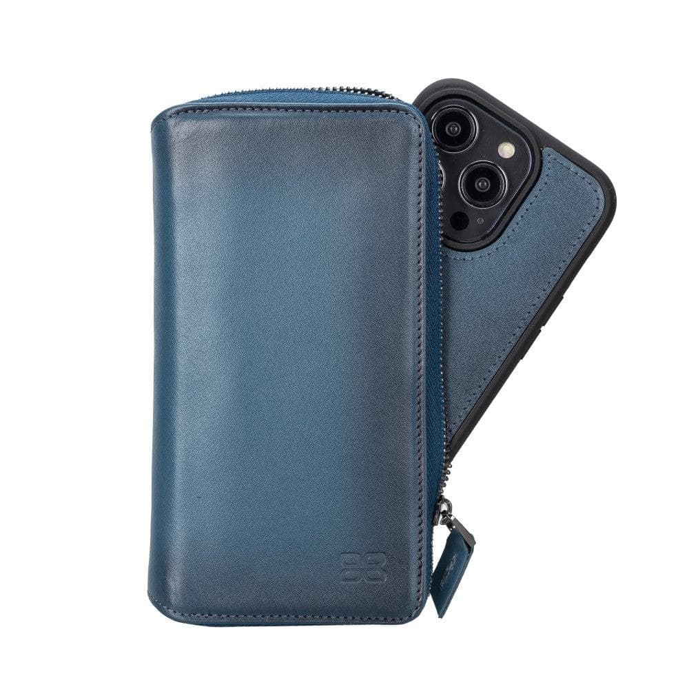Detachable leather phone case and wallet combination in black, showing texture and stitching details.