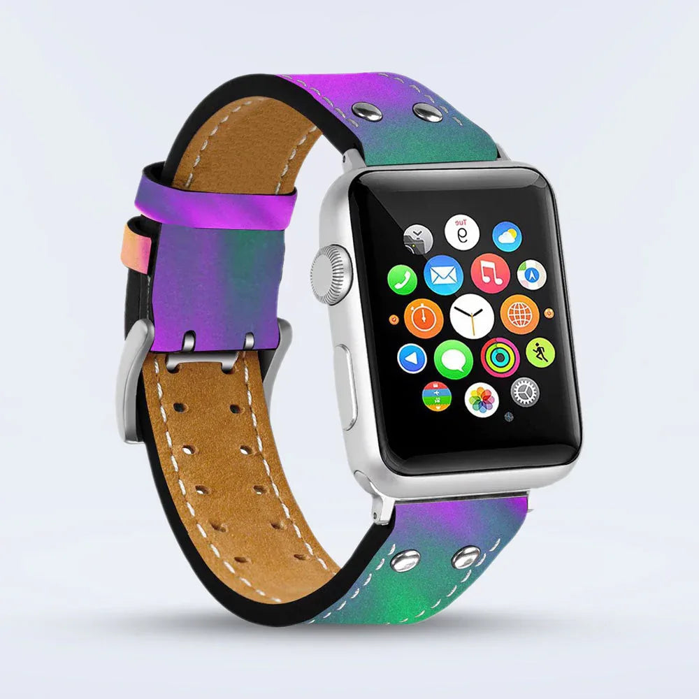 Close-up of the Lumination Holographic Apple Watch Band showing its shimmering holographic surface and leather interior.