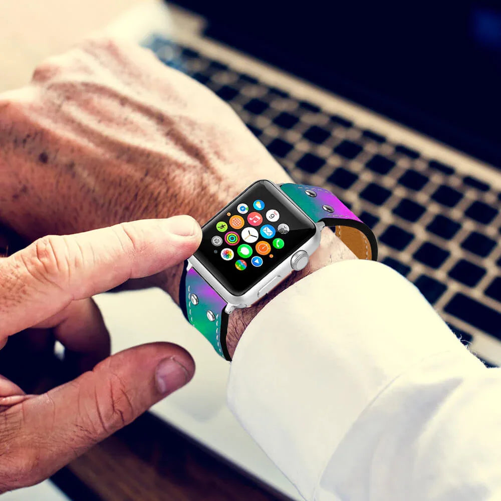 The Lumination Holographic Apple Watch Band attached to an Apple Watch displaying a glowing, holographic effect.