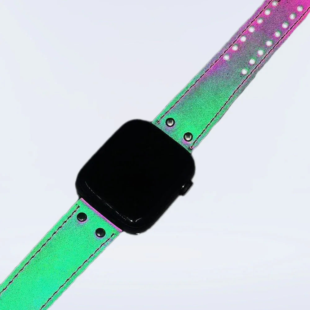 The Lumination Holographic Apple Watch Band laid flat showing the full length and holographic shimmer under light.