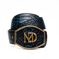 Close-up of black and blue genuine python skin Arkansas belt with antique brass Western-style buckle