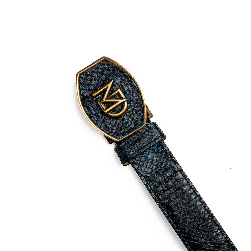 Side view of Arkansas python skin belt showing black and blue textured scales and polished brass buckle