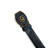 Side view of Arkansas python skin belt showing black and blue textured scales and polished brass buckle