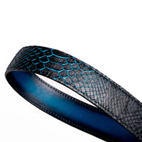 Full view of black and blue Arkansas python skin belt with antique brass Western buckle