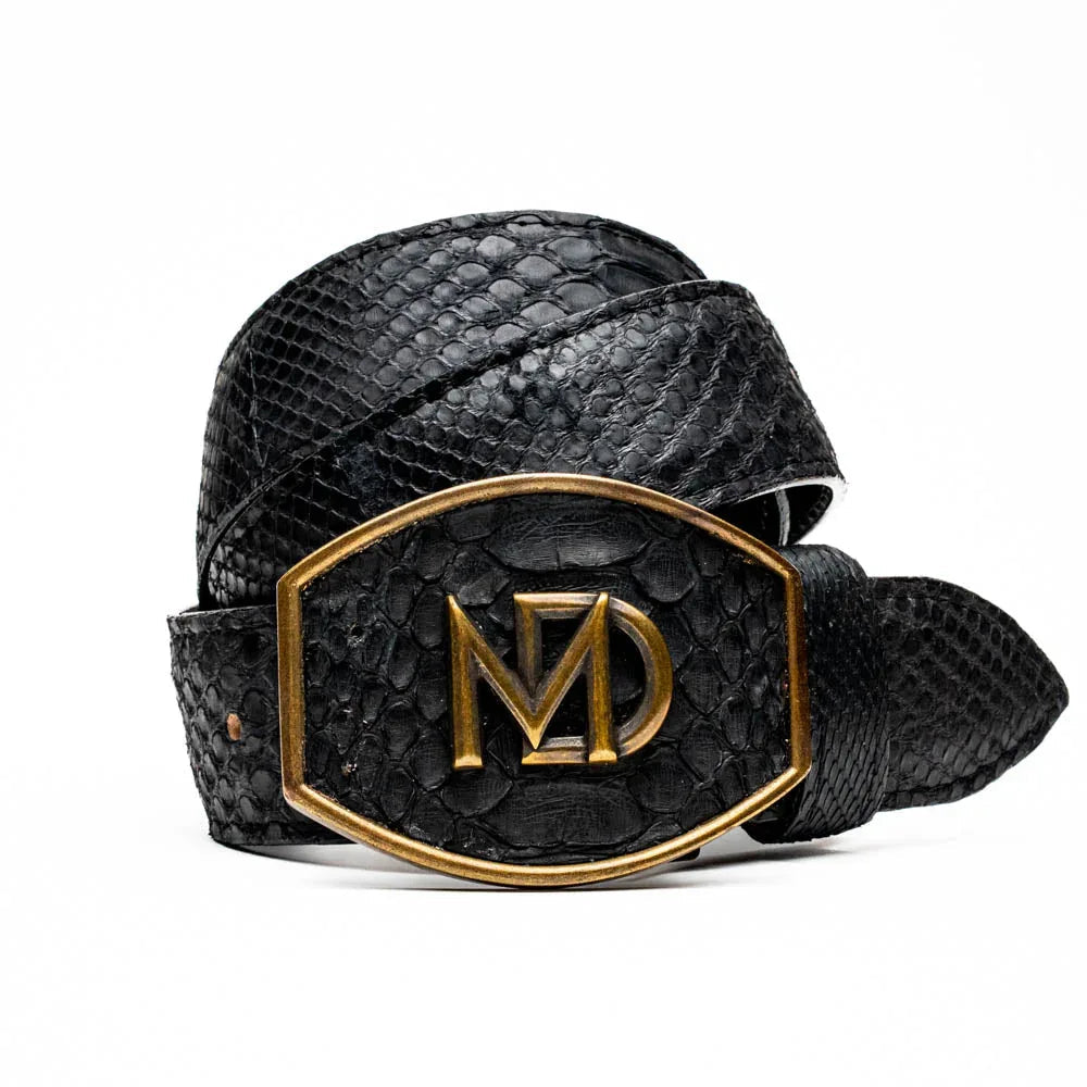 Close-up of black Arkansas belt made from genuine python skin with distinctive scale texture