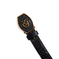 Side view of Arkansas black python skin belt highlighting polished antique brass Western style buckle