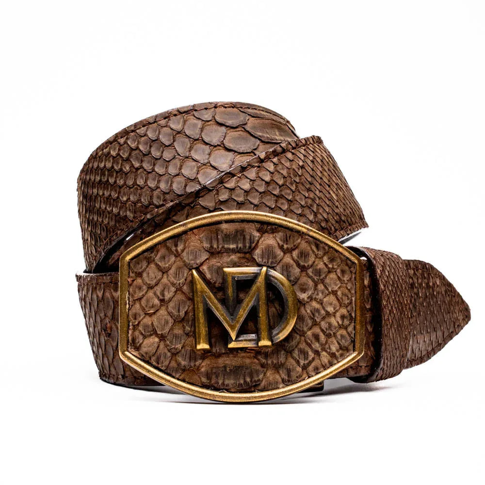 Close-up of brown genuine python skin belt with antique brass Western buckle